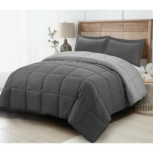 Bedroom > Comforters And Sets - Full/Queen Traditional Microfiber Reversible 3 Piece Comforter Set In Grey