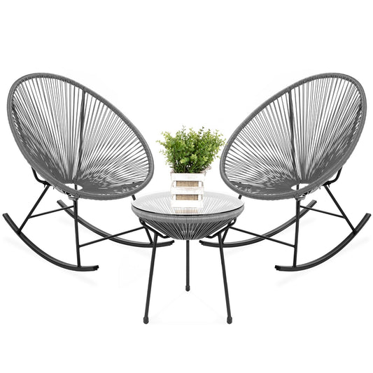 3 Piece Grey Oval Patio Woven Rocking Chair Bistro Set-Novel Home