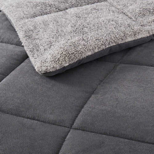Bedroom > Comforters And Sets - King Plush Sherpa Reversible Micro Suede Comforter Set In Gray