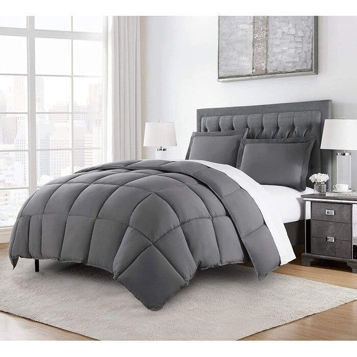 Bedroom > Comforters And Sets - Queen Size Reversible Microfiber Down Alternative Comforter Set In Grey