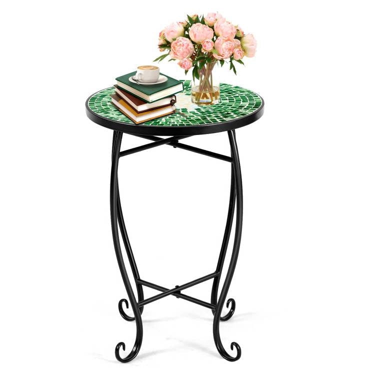 Outdoor > Outdoor Furniture > Patio Tables - Indoor/Outdoor Green Mosaic Round Side Accent Table Plant Stand