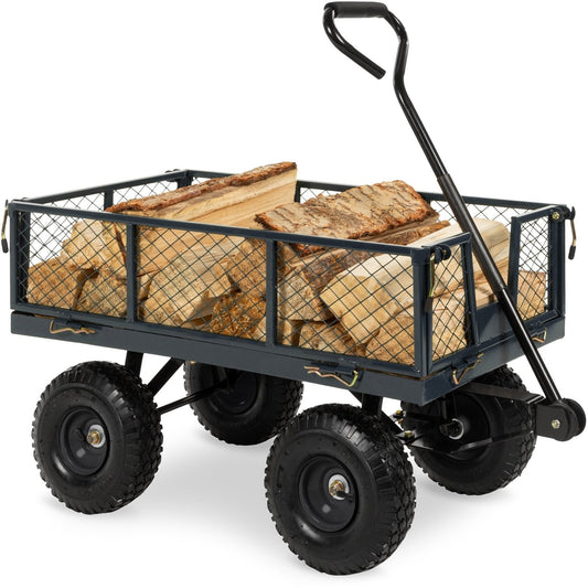 Outdoor > Gardening > Wheelbarrows Carts Wagons - Heavy Duty Grey Steel Garden Utility Cart Wagon With Removable Sides