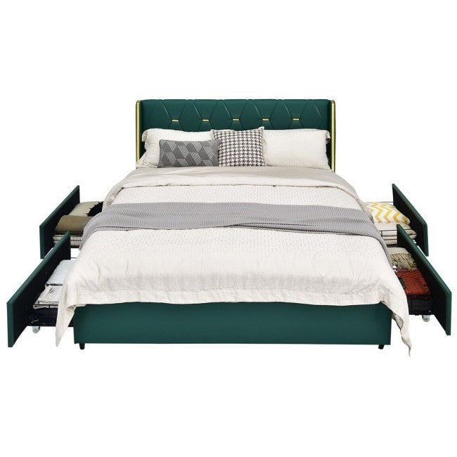 Bedroom > Bed Frames > Platform Beds - Queen Size Green/Gold Linen Headboard 4 Drawer Storage Platform Bed