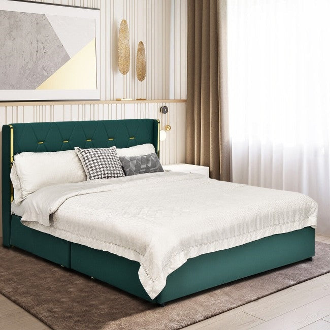 Bedroom > Bed Frames > Platform Beds - Queen Size Green/Gold Linen Headboard 4 Drawer Storage Platform Bed