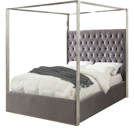 Bedroom > Bed Frames > Canopy Beds - King Size Grey Velvet Upholstered Canopy Bed With Chrome Canopy