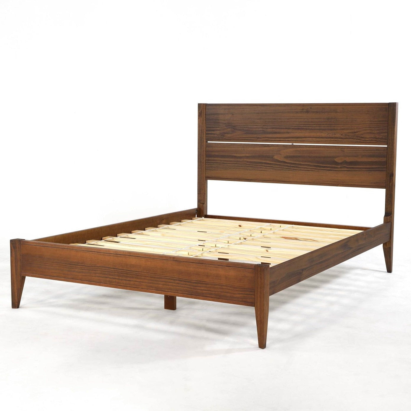 Bedroom > Bed Frames > Platform Beds - Queen Size Rustic Walnut Mid Century Slatted Platform Bed
