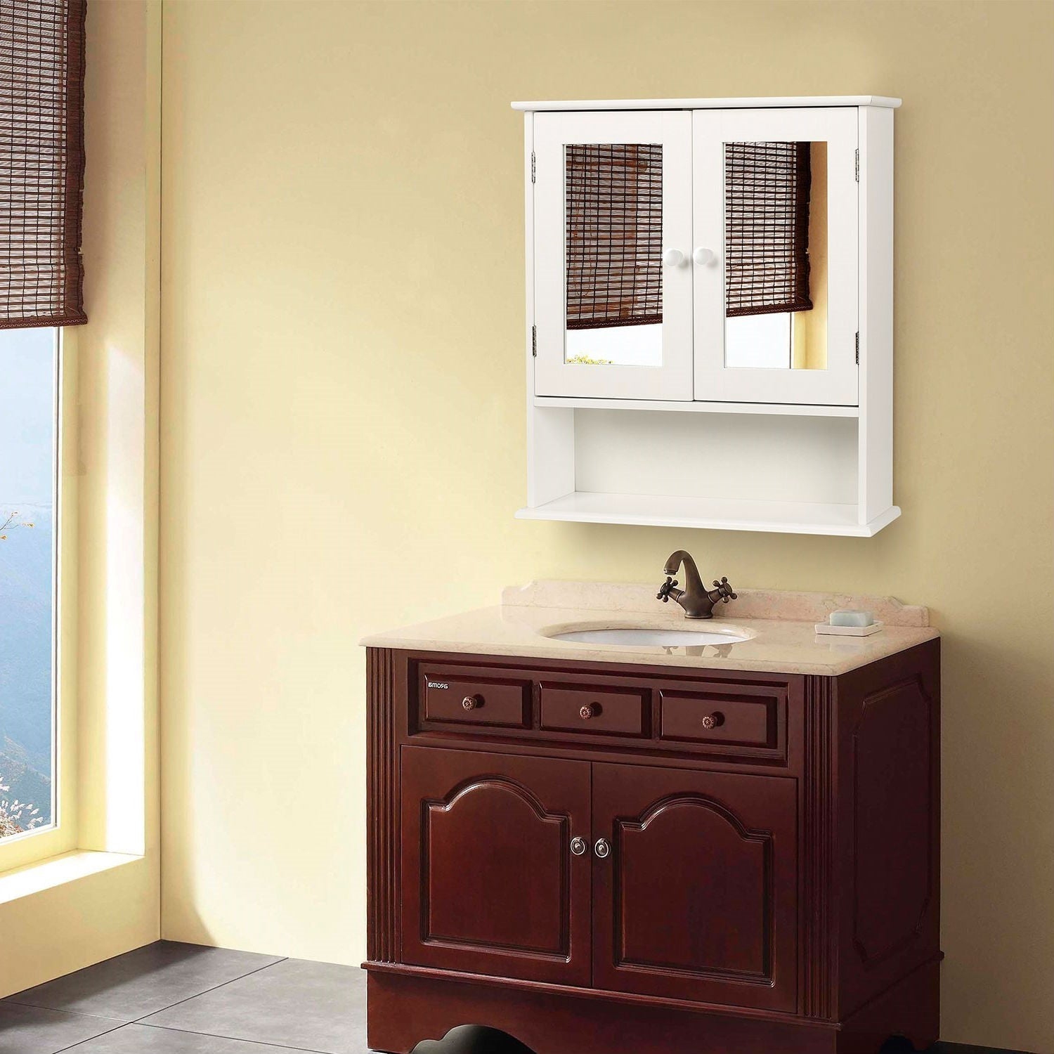 Bathroom > Bathroom Cabinets - White 2-Door Mirrored Medicine Cabinet With Open Shelf