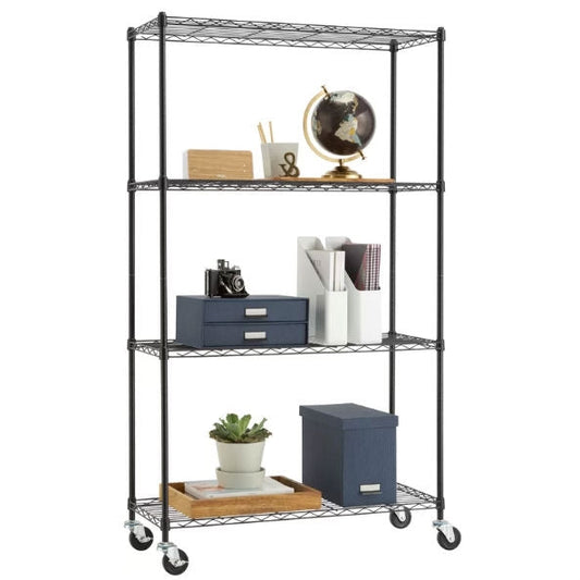 Accents > Shelving Units - Heavy Duty Black Steel 4-Tier Shelving Unit With Locking Casters