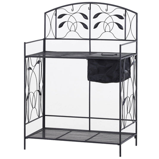 Outdoor > Gardening > Potting Benches - Black Metal Potting Bench With Wrought Iron Vine Accents And Fabric Potting Sink