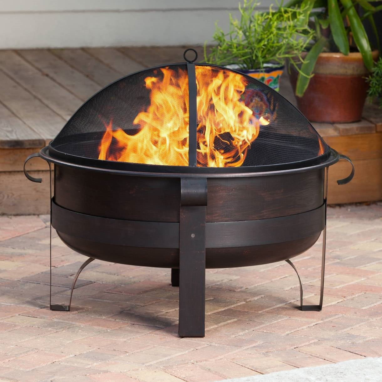 Outdoor > Outdoor Decor > Fire Pits - Heavy Duty 34-inch Fire Pit Deep Steel Cauldron With Screen And Stand