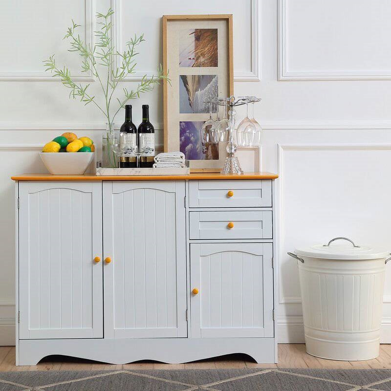 Dining > Sideboards & Buffets - White Sideboard Buffet Cabinet With Light Wood Finish Top And Knobs