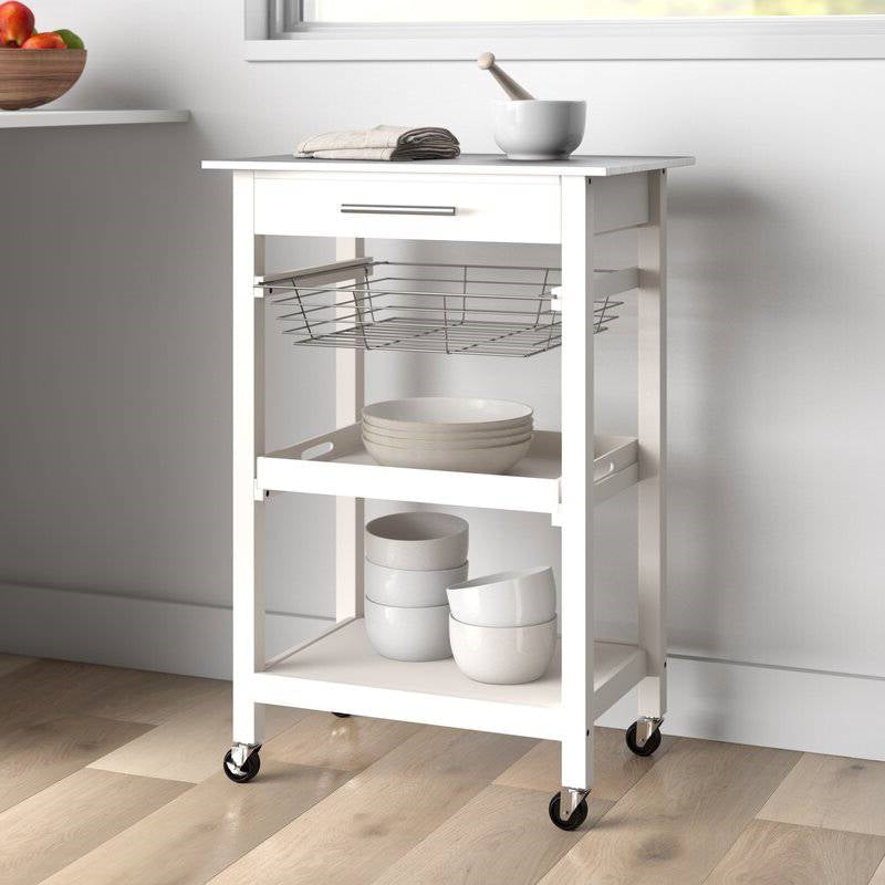 Kitchen > Kitchen Carts - White Stainless Steel Top Kitchen Cart With Drawer And Storage Shelves