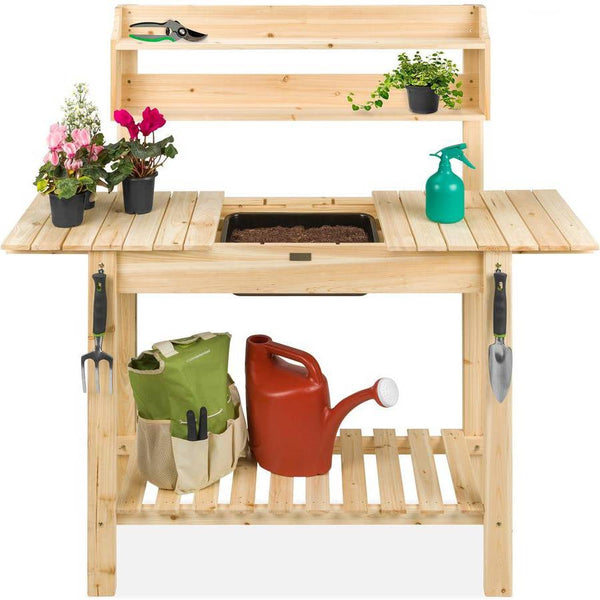 Outdoor > Gardening > Potting Benches - Outdoor Garden Wood Potting Bench Expandable Top With Food Grade Plastic Sink