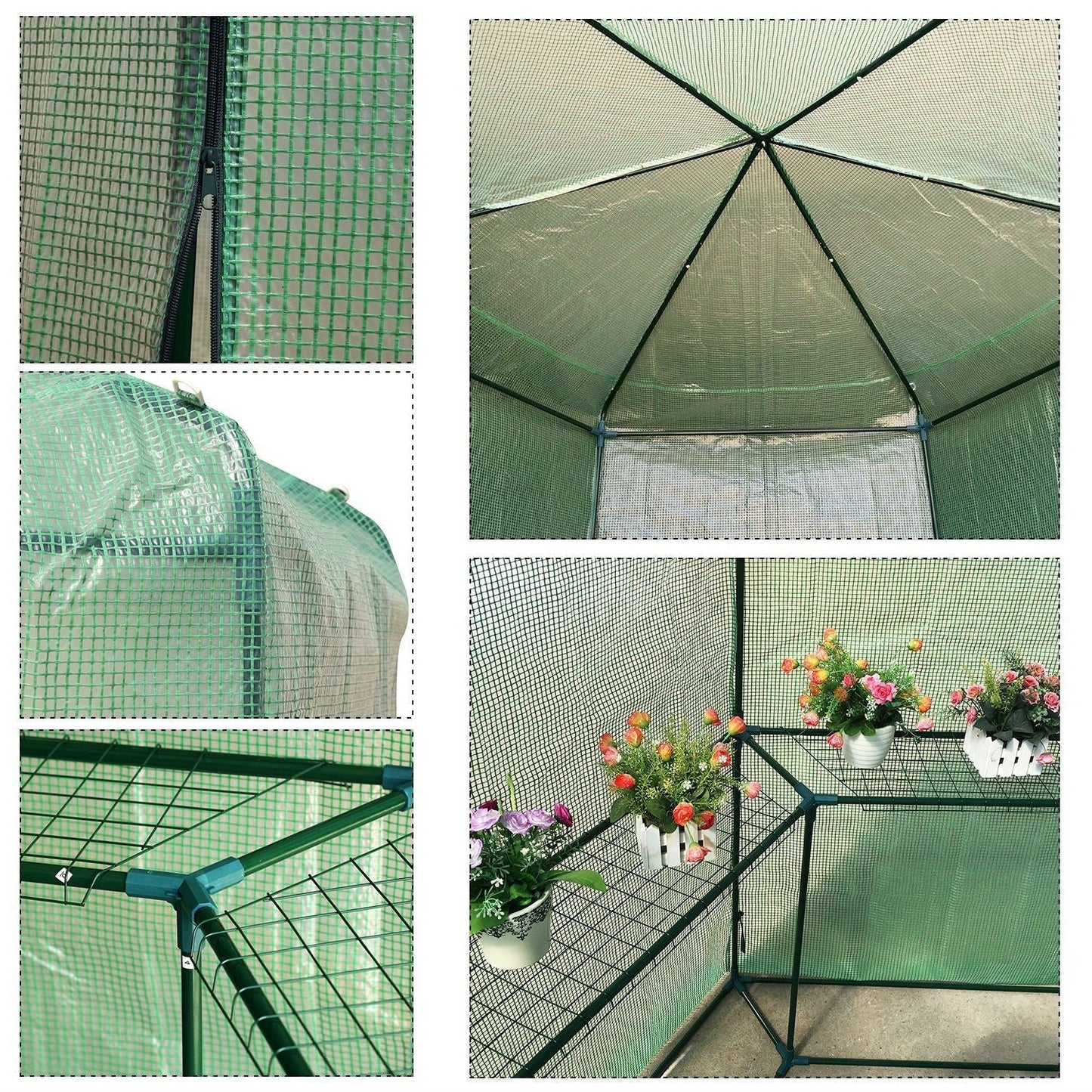 Outdoor > Gardening > Greenhouses - Outdoor Hexagon Greenhouse 6.5 X 7 Ft With Steel Frame PE Cover And Shelves