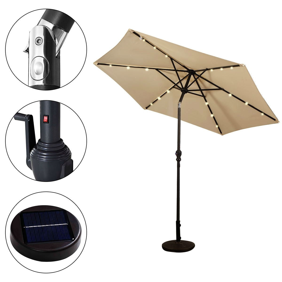 Outdoor > Outdoor Furniture > Patio Umbrella - Beige 9-Ft Patio Umbrella With Steel Pole Crank Tilt And Solar LED Lights