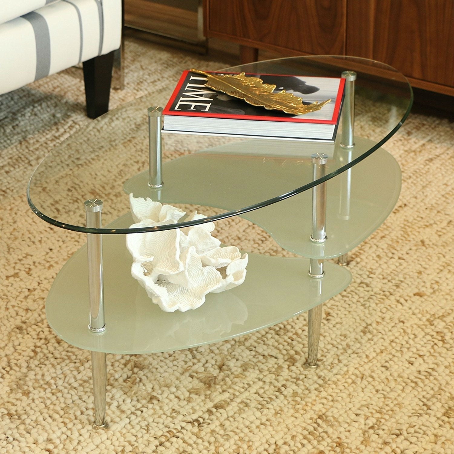 Living Room > Coffee Tables - Modern Oval Glass Coffee Table With Chrome Metal Legs