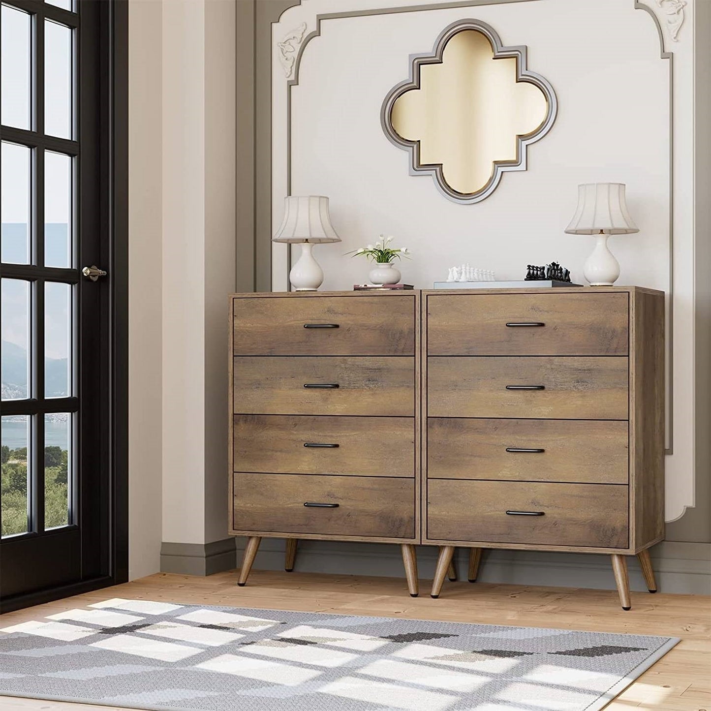 Bedroom > Nightstand And Dressers - Modern Scandinavian Mid-Century 4-Drawer Chest Cabinet In Brown Wood Finish