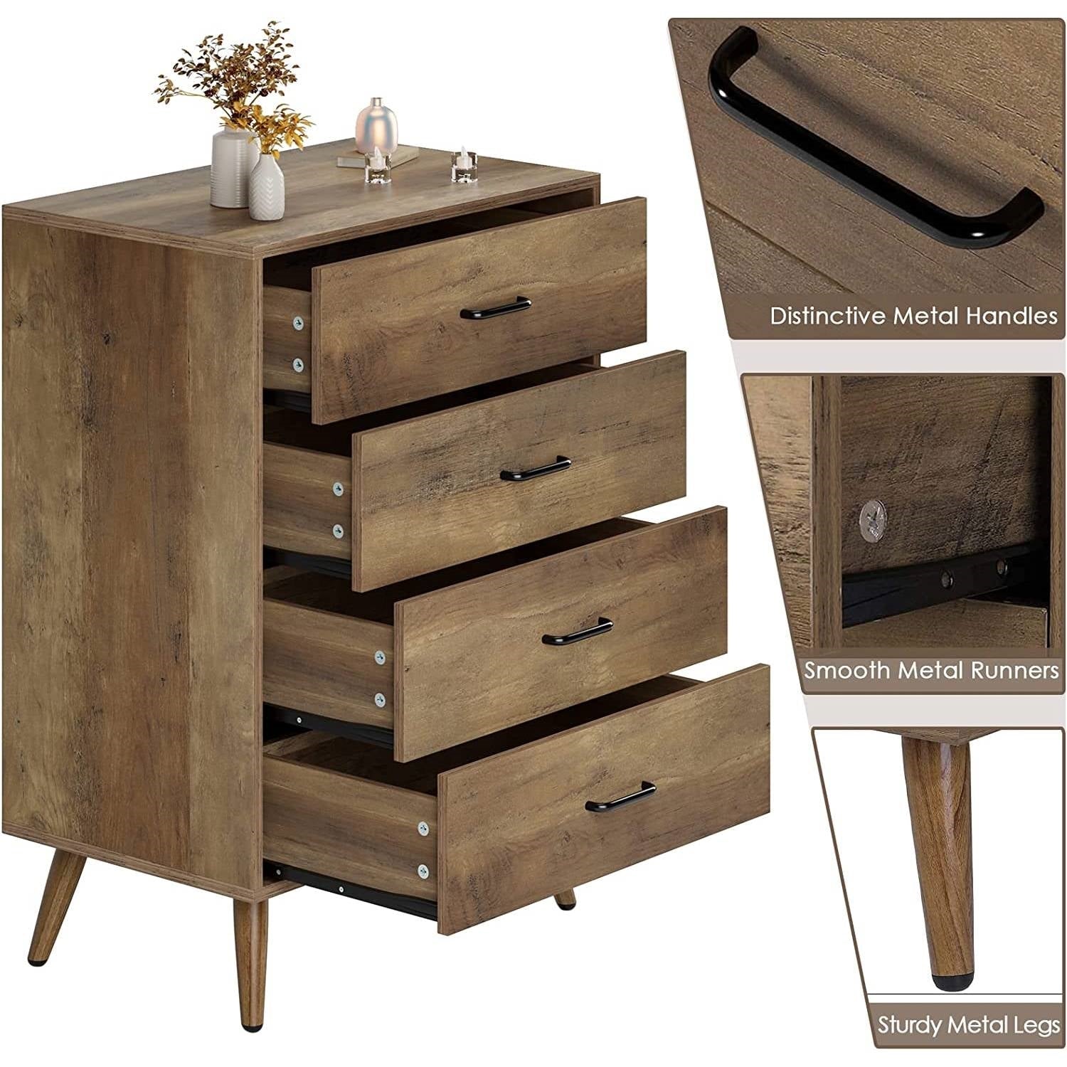 Bedroom > Nightstand And Dressers - Modern Scandinavian Mid-Century 4-Drawer Chest Cabinet In Brown Wood Finish