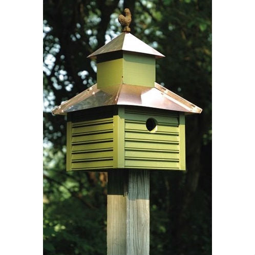 Outdoor > Outdoor Decor > Bird Houses - Pinion Green Birdhouse With White / Bright Copper Roof And Rooster Top