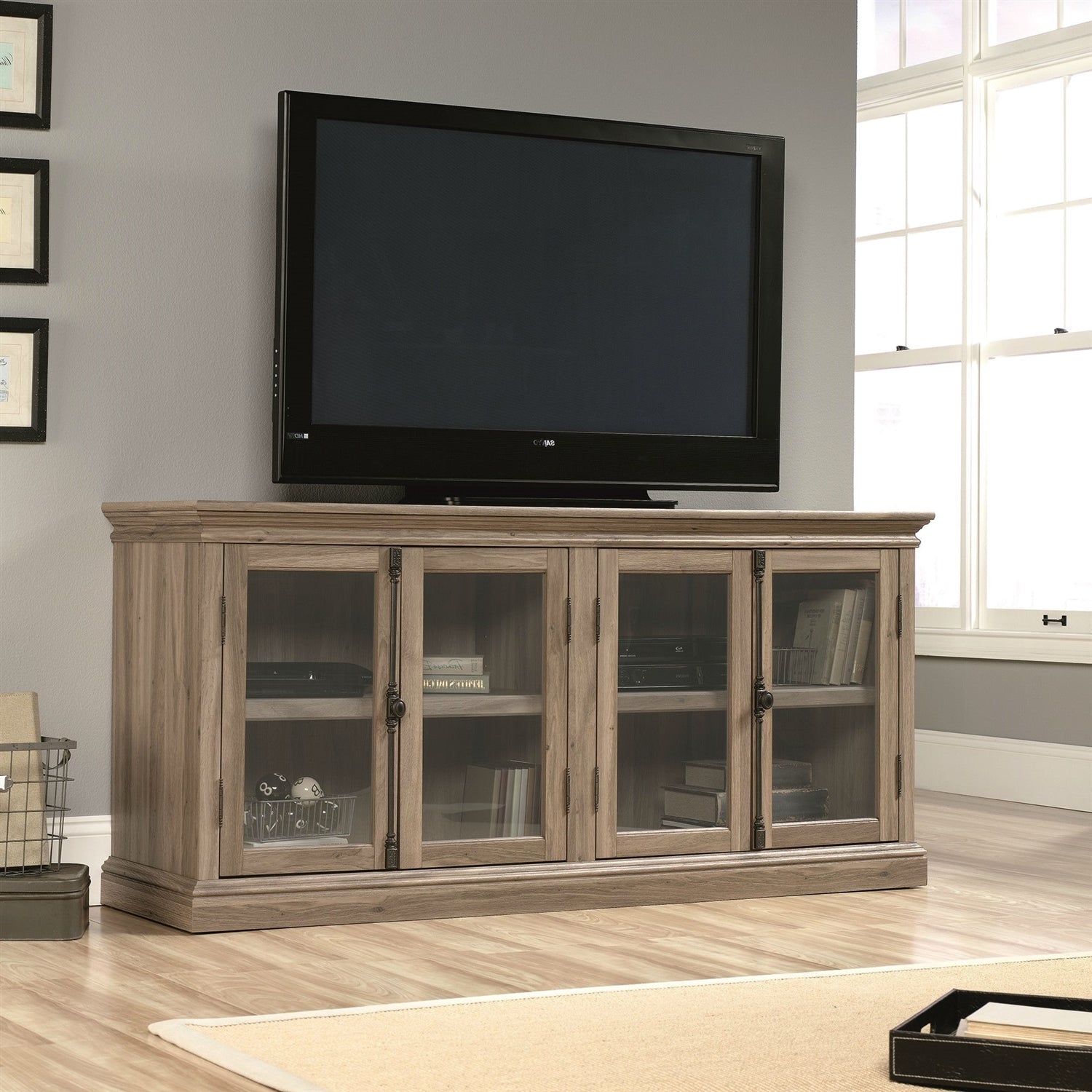 Living Room > TV Stands And Entertainment Centers - Salt Oak Wood Finish TV Stand With Tempered Glass Doors - Fits Up To 80-inch TV
