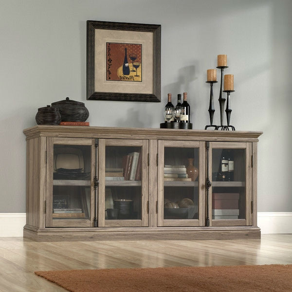 Living Room > TV Stands And Entertainment Centers - Salt Oak Wood Finish TV Stand With Tempered Glass Doors - Fits Up To 80-inch TV
