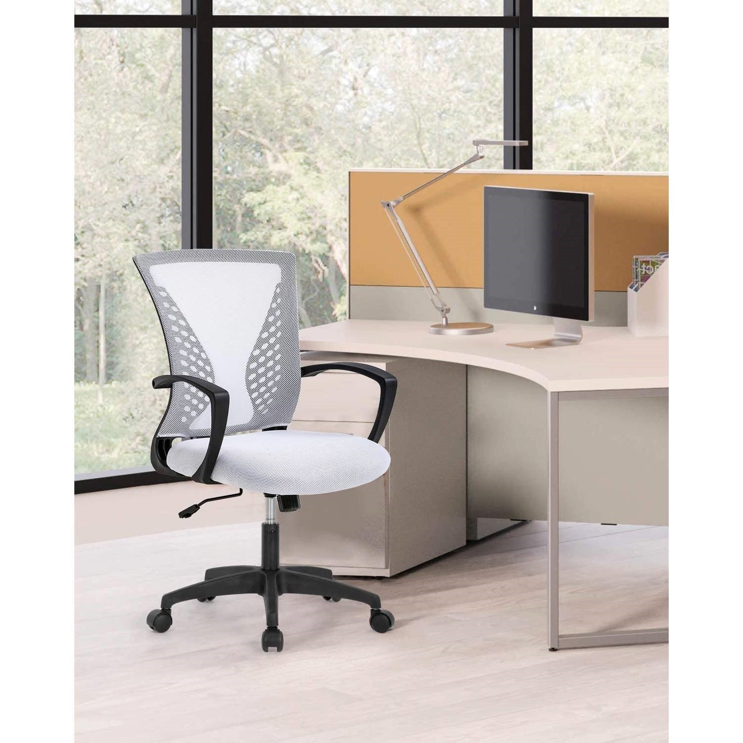 Office > Office Chairs - White Modern Mid-Back Office Desk Chair Ergonomic Mesh With Armrest On Wheels