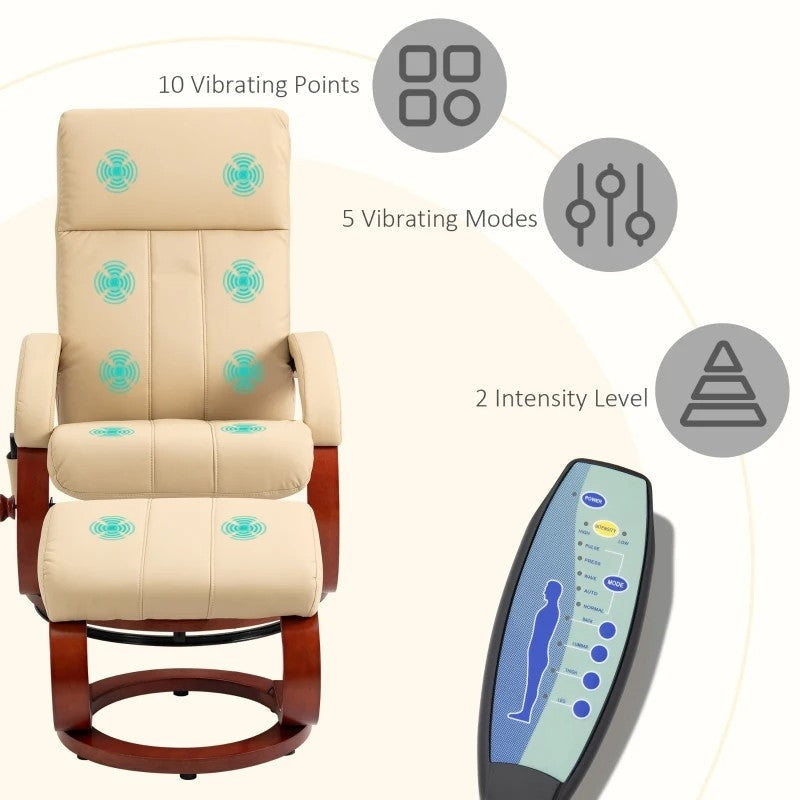 Living Room > Recliners And Chaise Lounge - Adjustable Beige Faux Leather Electric Remote Massage Recliner Chair W/ Ottoman