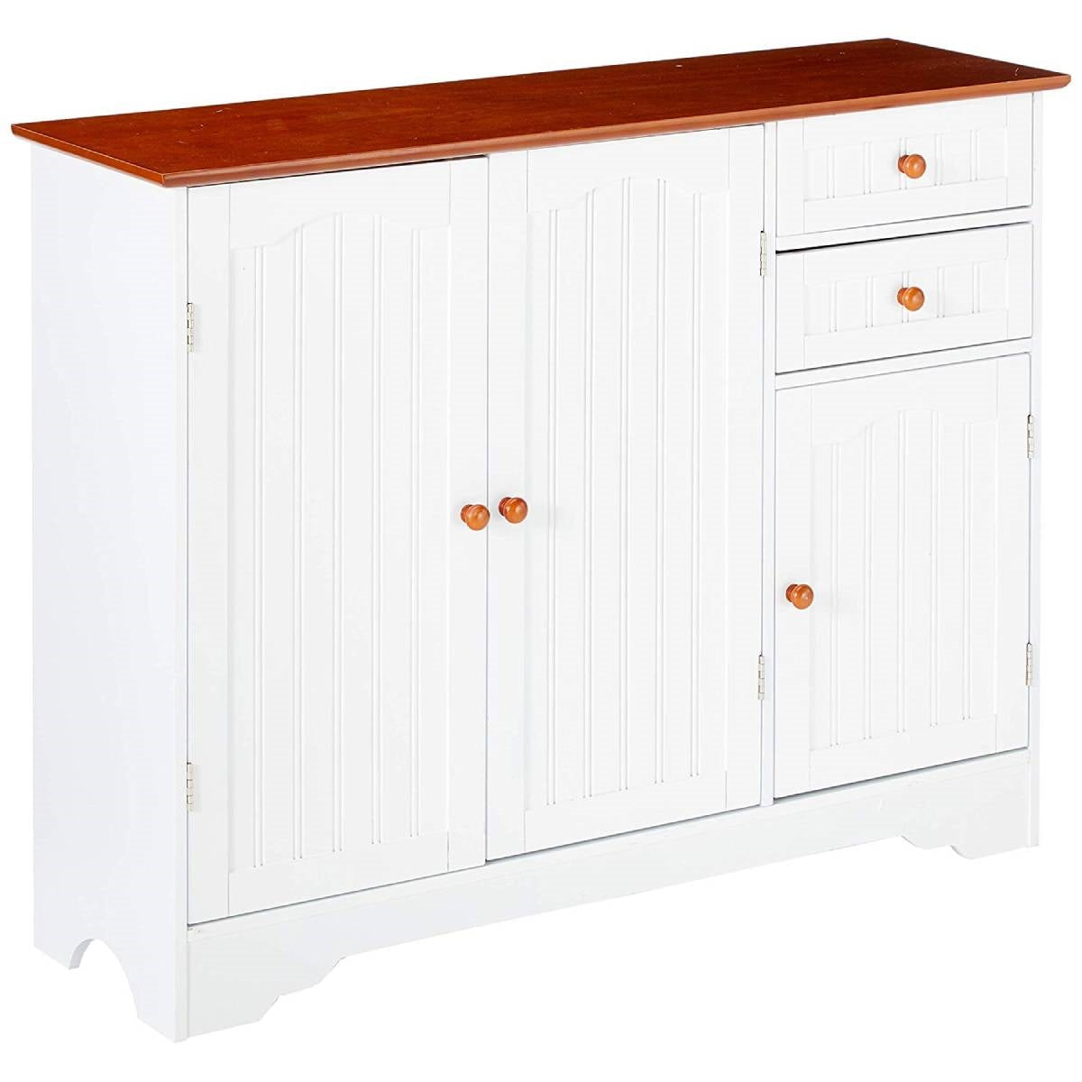 Dining > Sideboards & Buffets - White Wood Sideboard Buffet Cabinet With Walnut Finish Top And Knobs