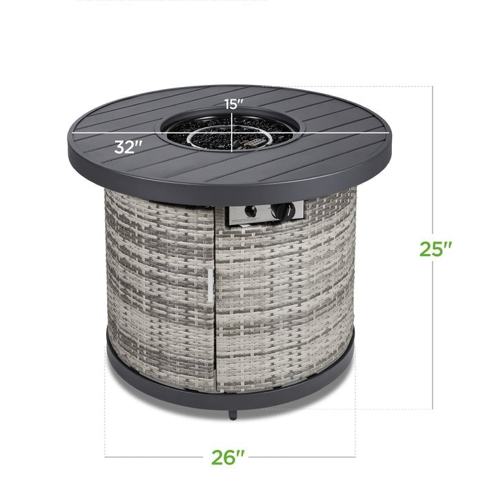 Outdoor > Outdoor Decor > Fire Pits - 50,000 BTU Grey Wicker Round LP Gas Propane Fire Pit W/ Faux Wood Tabletop And Cover