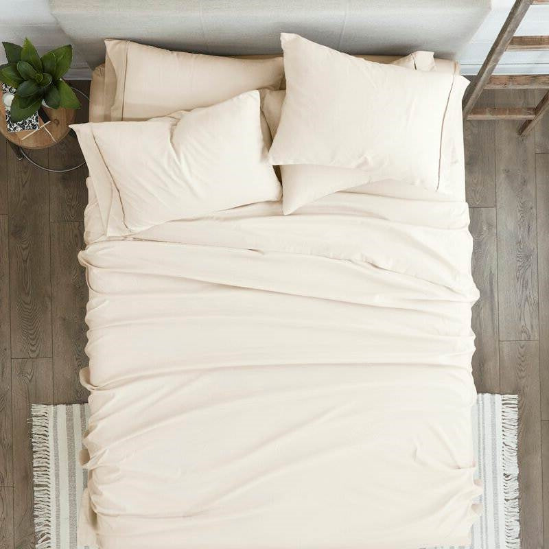 Bedroom > Sheets And Sheet Sets - Queen Size Ivory Beige 6-Piece Wrinkle Resistant Microfiber/Polyester Sheet Set