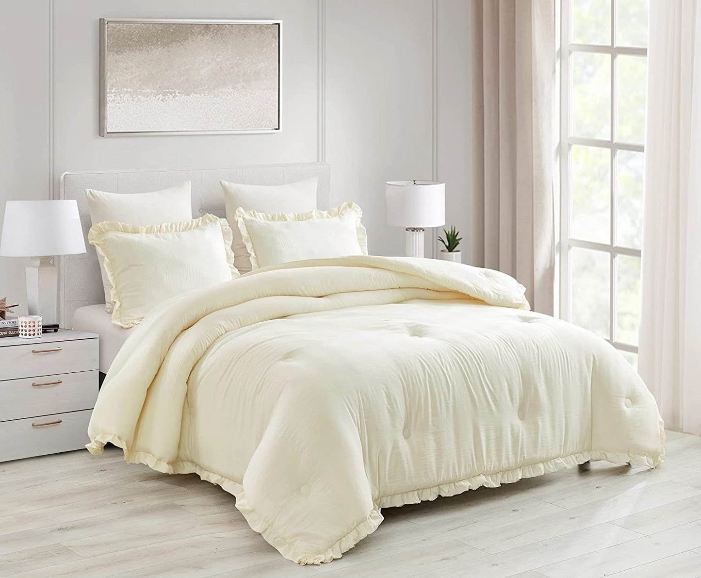Bedroom > Comforters And Sets - Oversized Queen Ivory Microfiber 3-Piece Comforter Set With Ruffled Edge Trim