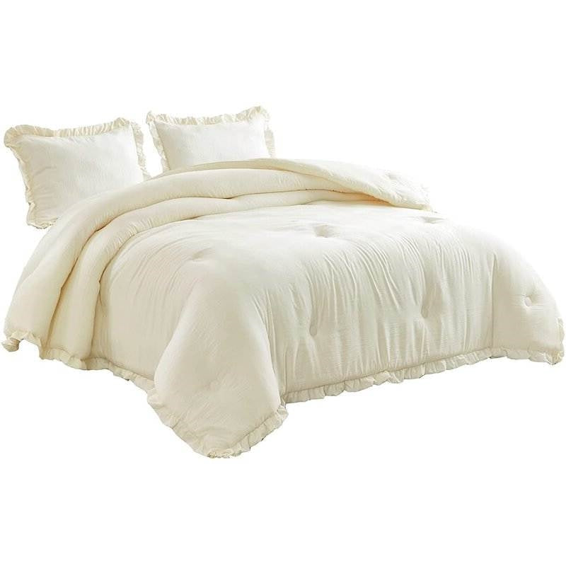 Bedroom > Comforters And Sets - Oversized Queen Ivory Microfiber 3-Piece Comforter Set With Ruffled Edge Trim