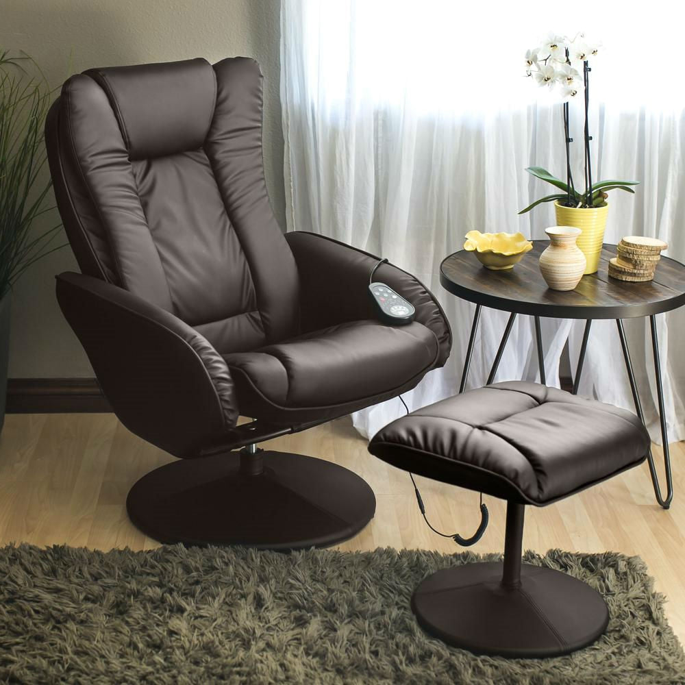 Living Room > Recliners And Leather Recliner - Sturdy Brown Faux Leather Electric Massage Recliner Chair W/ Ottoman