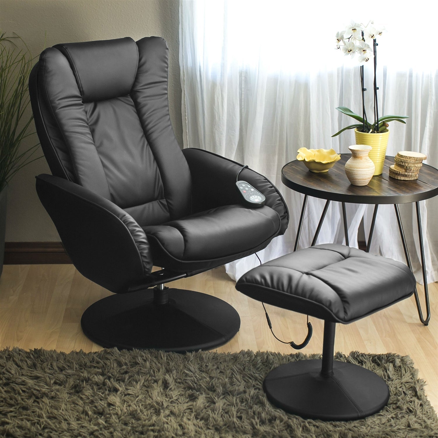 Living Room > Recliners And Leather Recliner - Sturdy Black Faux Leather Electric Massage Recliner Chair W/ Ottoman