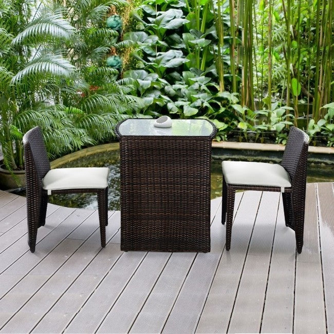 3 Piece Compact Espresso/White Wicker Patio Cushioned Outdoor Chair Table Set-Novel Home