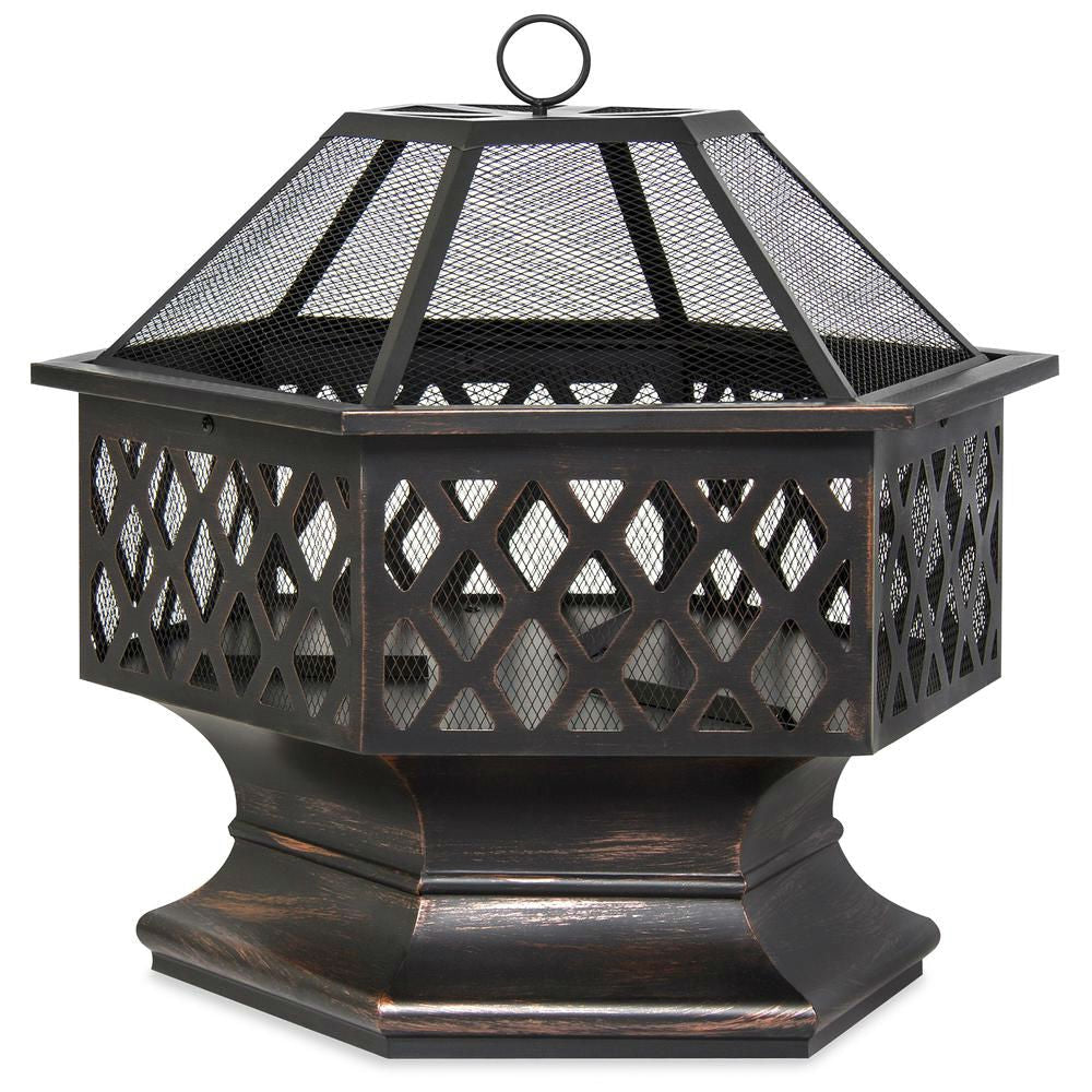 Outdoor > Outdoor Decor > Fire Pits - 24 Inch Steel Distressed Bronze Lattice Design Fire Pit With Cover