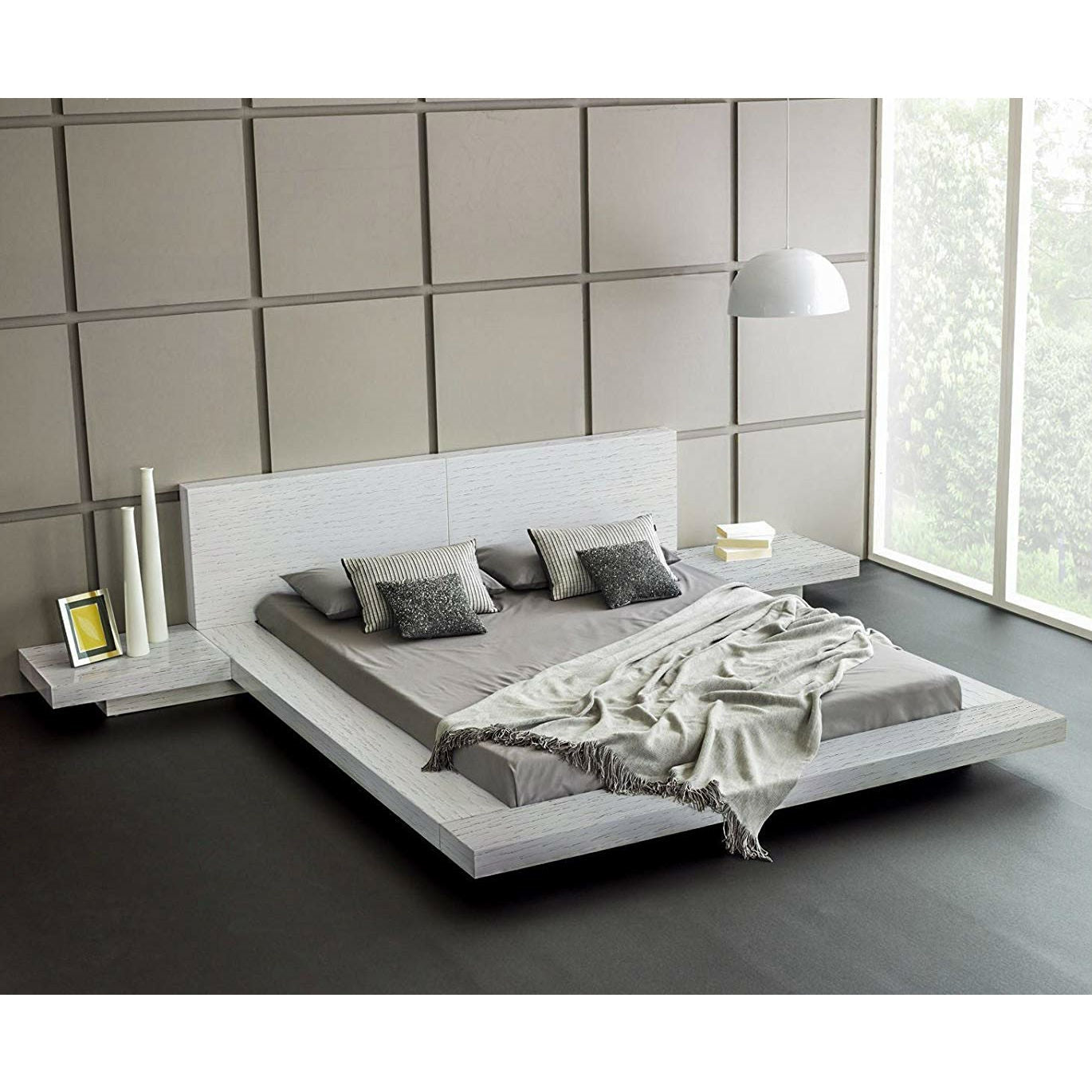 Bedroom > Bed Frames > Platform Beds - King Modern Platform Bed With Headboard And 2 Nightstand In Ash White