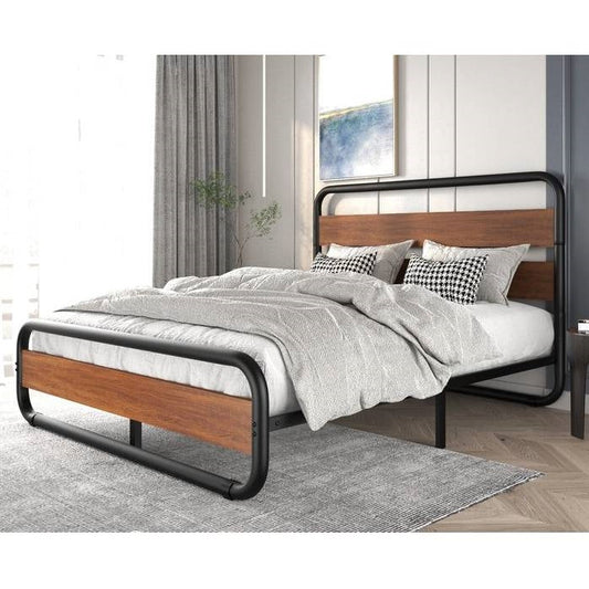 Bedroom > Bed Frames > Platform Beds - King Size Heavy Duty Industrial Modern Metal Wood Platform Bed Frame With Headboard