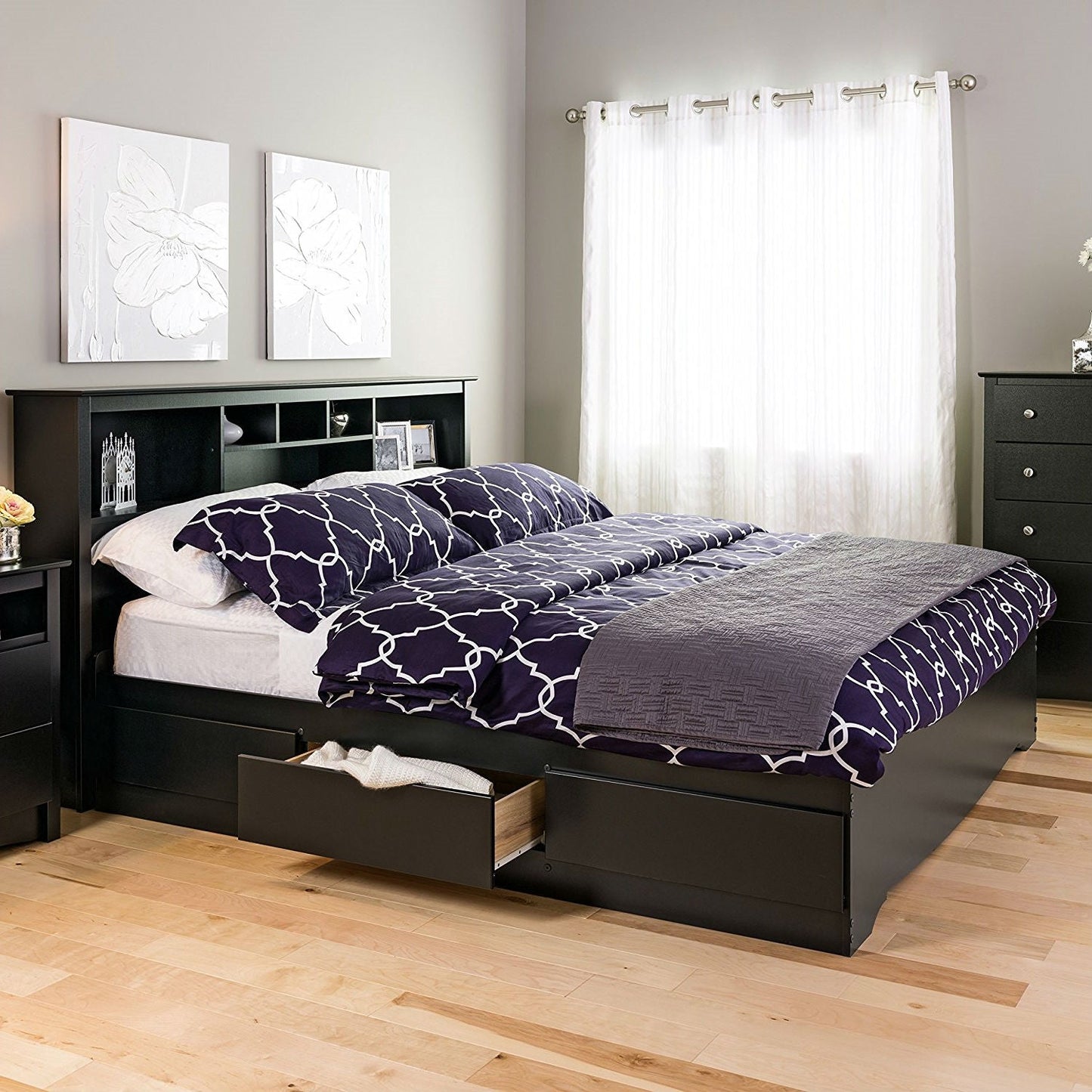 Bedroom > Bed Frames > Platform Beds - King Size Black Wood Platform Bed Frame With Storage Drawers
