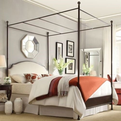 Bedroom > Bed Frames > Canopy Beds - King Size Metal Canopy Bed With White Cream Linen Upholstered Headboard