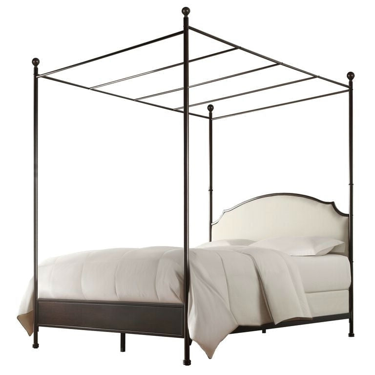 Bedroom > Bed Frames > Canopy Beds - King Size Metal Canopy Bed With White Cream Linen Upholstered Headboard