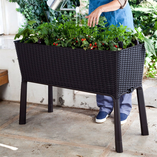 Outdoor > Gardening > Planters - Modern Dark Brown Resin Wicker Raised Garden Bed Planter With Water Indicator