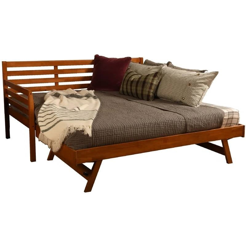 Bedroom > Bed Frames > Daybeds - Solid Wood Day Bed Frame With Pull-out Pop Up Trundle Bed In Medium Brown