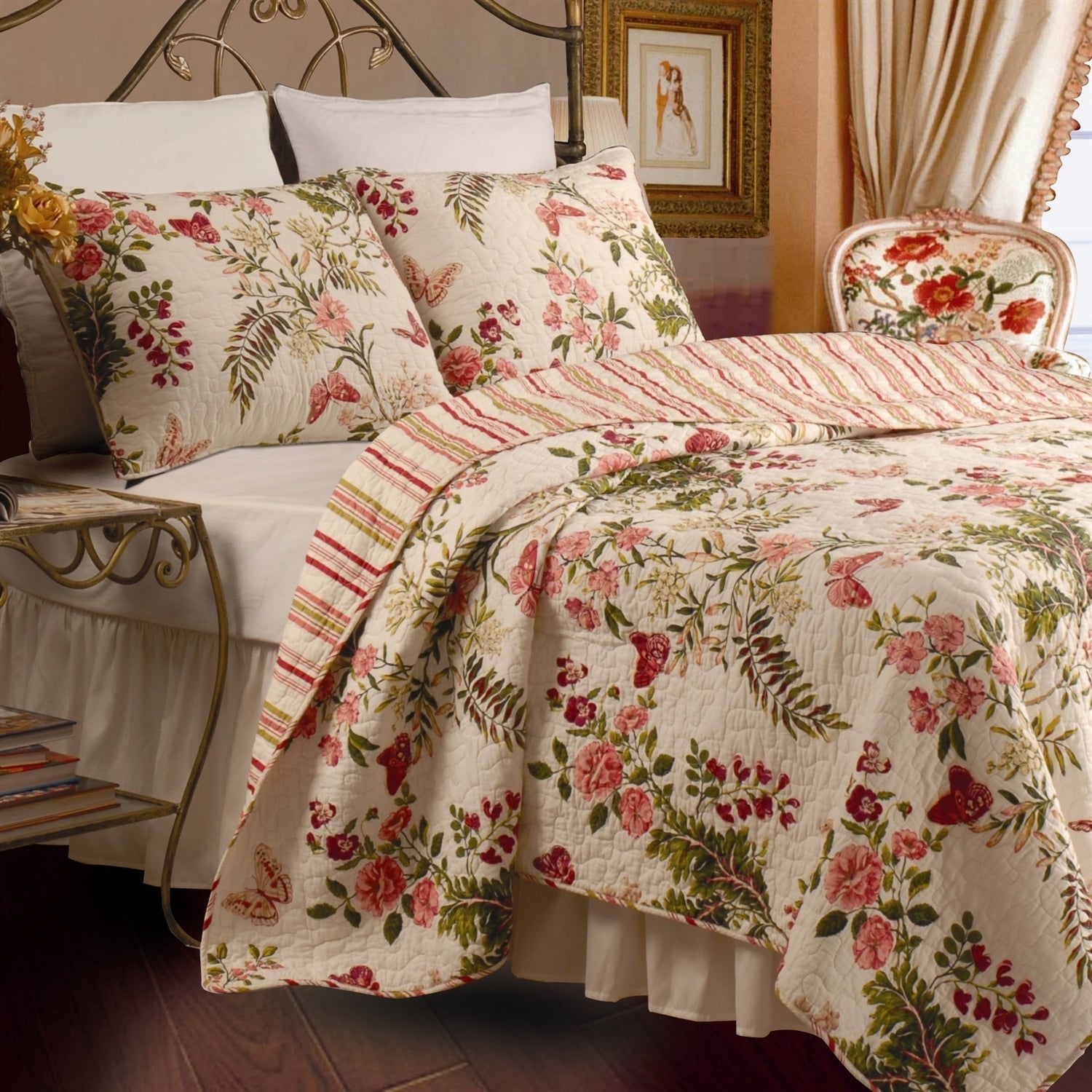 Bedroom > Quilts & Blankets - King Size 3-Piece Cotton Quilt Set In Pink Beige Floral Butterflies