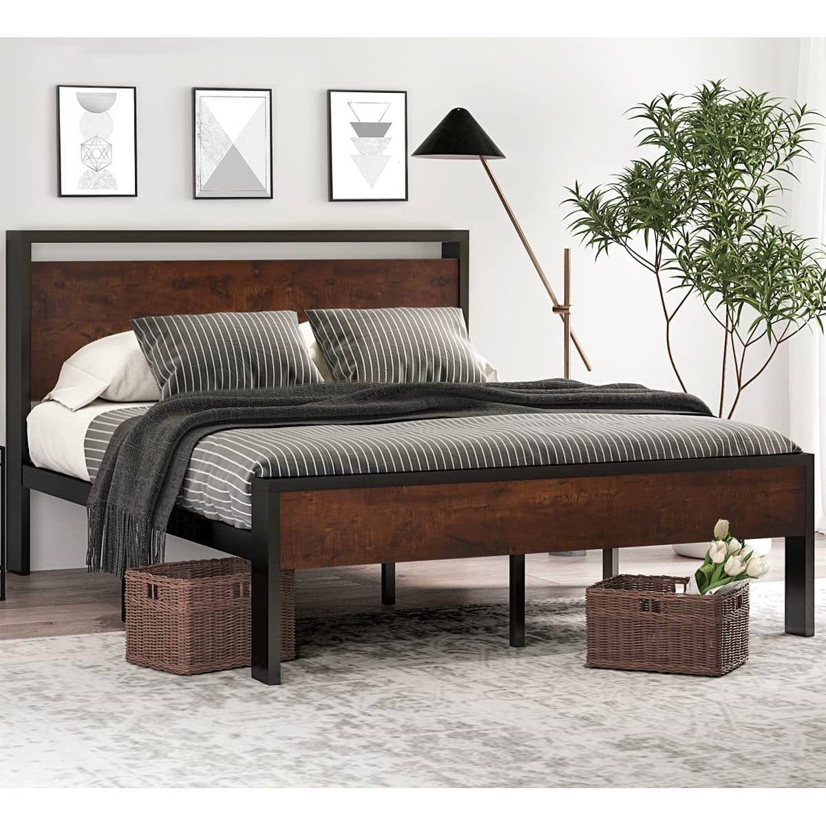 Bedroom > Bed Frames > Platform Beds - King Metal Platform Bed Frame With Mahogany Wood Panel Headboard Footboard