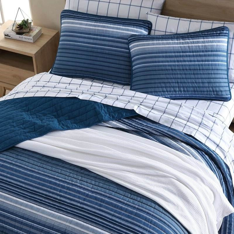 Bedroom > Quilts & Blankets - King Size Coastal Blue Stripe Reversible Cotton Quilt Set