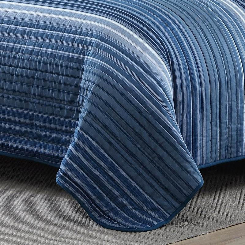 Bedroom > Quilts & Blankets - King Size Coastal Blue Stripe Reversible Cotton Quilt Set