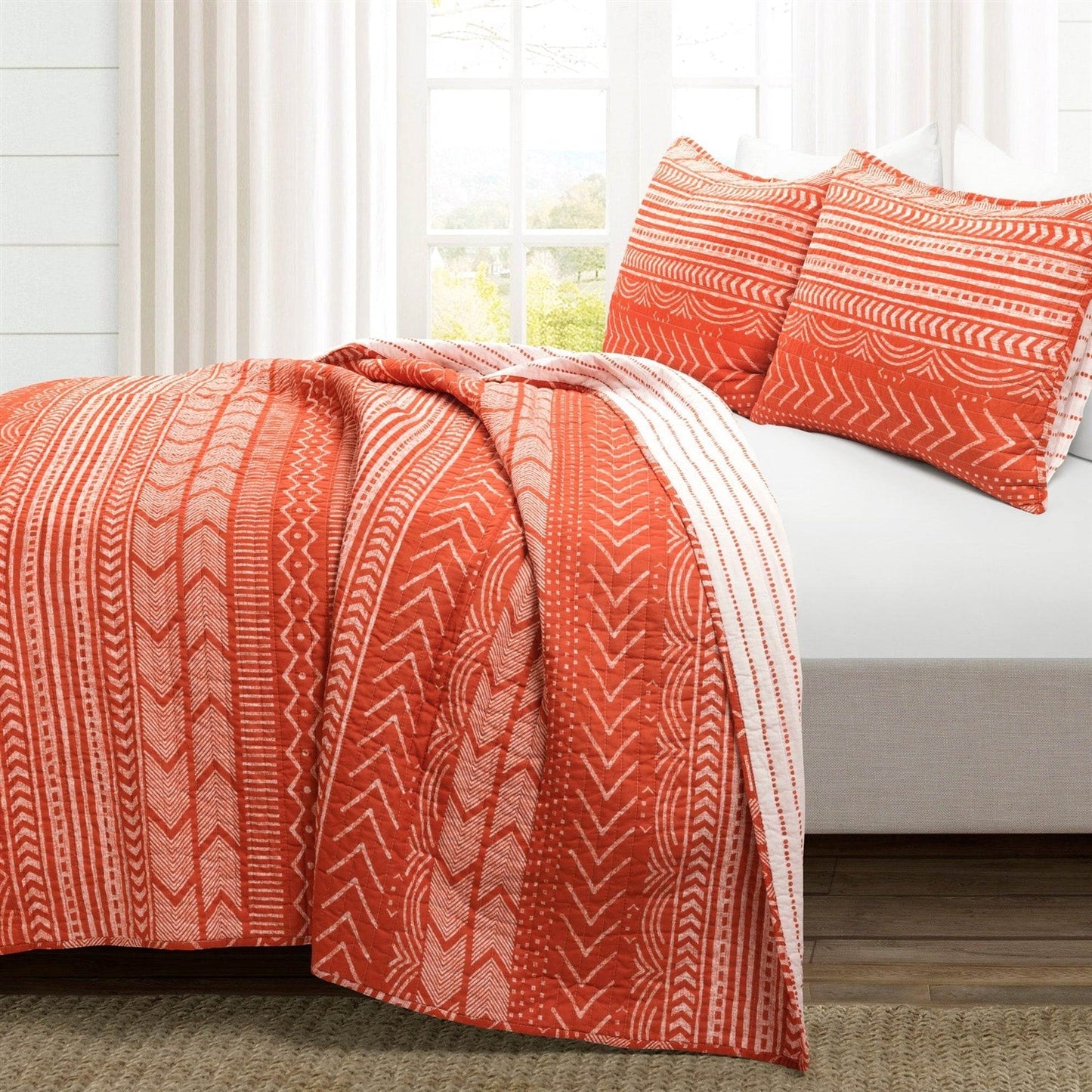 Bedroom > Quilts & Blankets - King Size Scandinavian Chevron Orange White Stripe Reversible Cotton Quilt Set