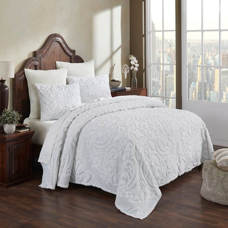 Bedroom > Bedspreads - King Size 100-Percent Cotton Chenille 3-Piece Coverlet Bedspread Set In White