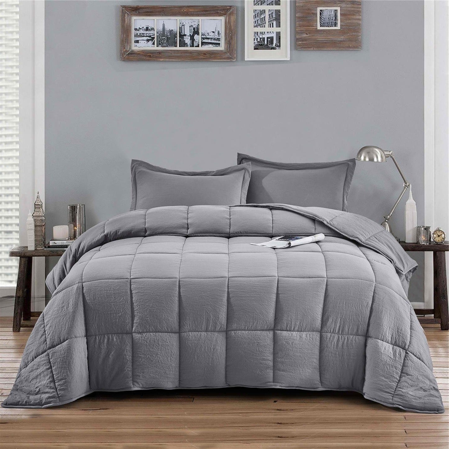 Bedroom > Comforters And Sets - King Size Grey 3 Piece Microfiber Reversible Comforter Set